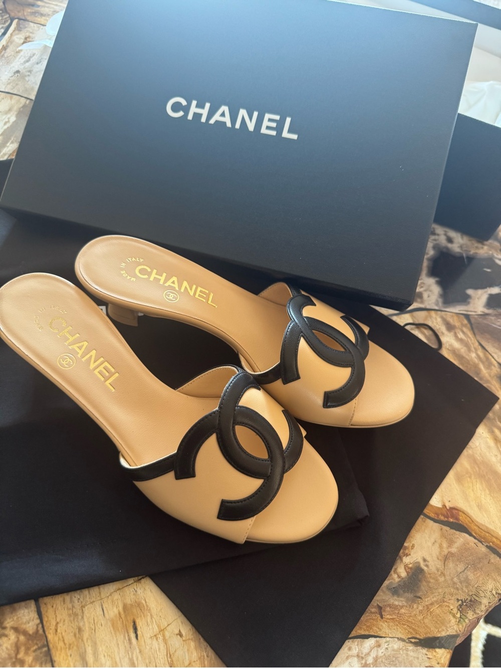 CHANEL Tan and Black Leather CC Slide Mules